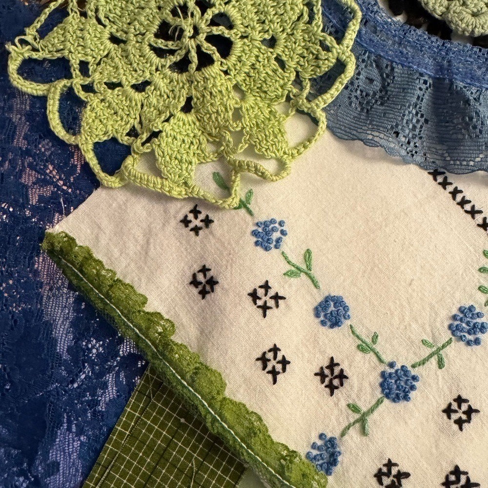 Vintage Blue Green Fabric Scrap Bundle Lace Embroidery Crochet Junk Journal L